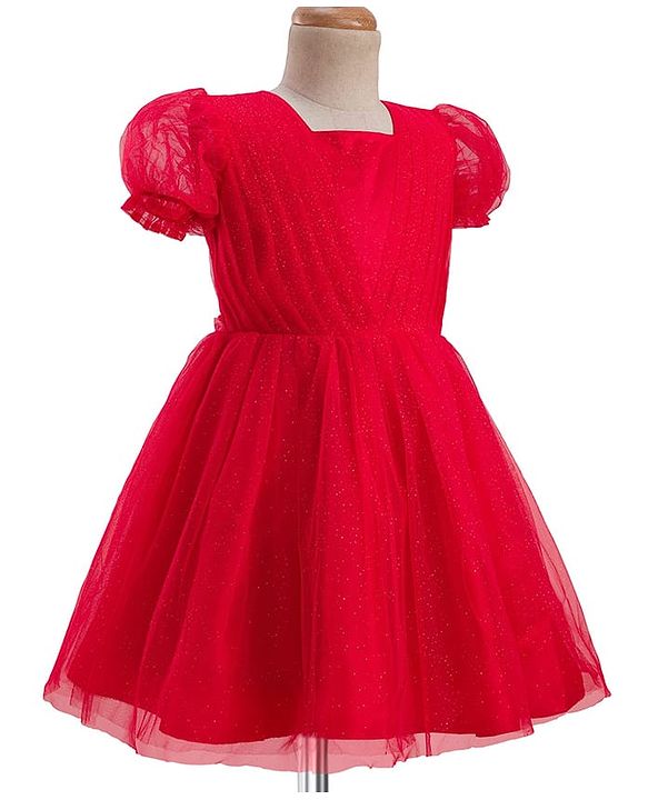 Pine Kids Woven Half Puffed Half Sleeves Pleated Glittery Party Dress - Red