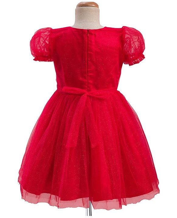 Pine Kids Woven Half Puffed Half Sleeves Pleated Glittery Party Dress - Red