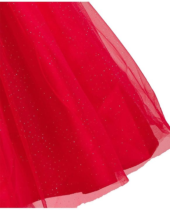Pine Kids Woven Half Puffed Half Sleeves Pleated Glittery Party Dress - Red