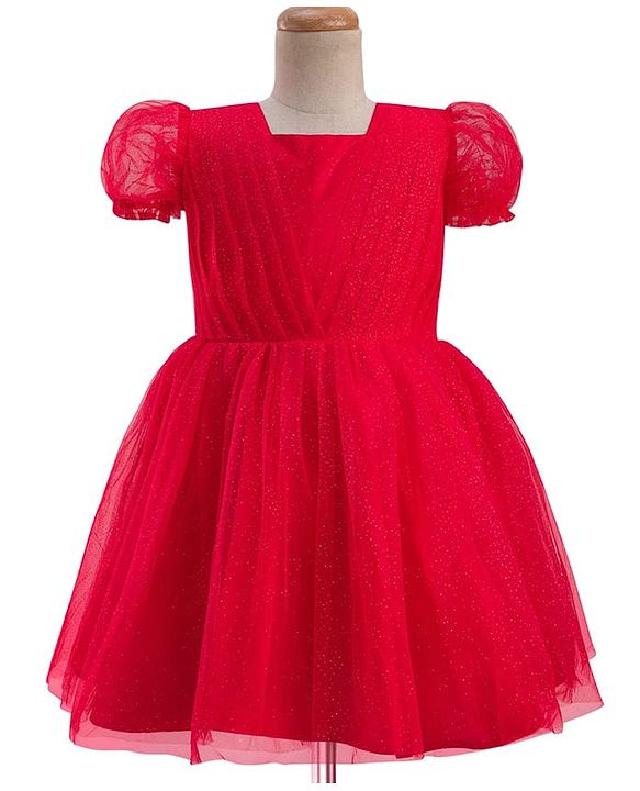 Pine Kids Woven Half Puffed Half Sleeves Pleated Glittery Party Dress - Red
