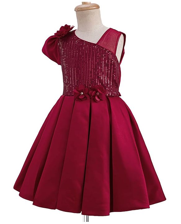 Pine Kids Woven Sleeveless Party Dress With Sequin Detailing & Floral Applique - Red