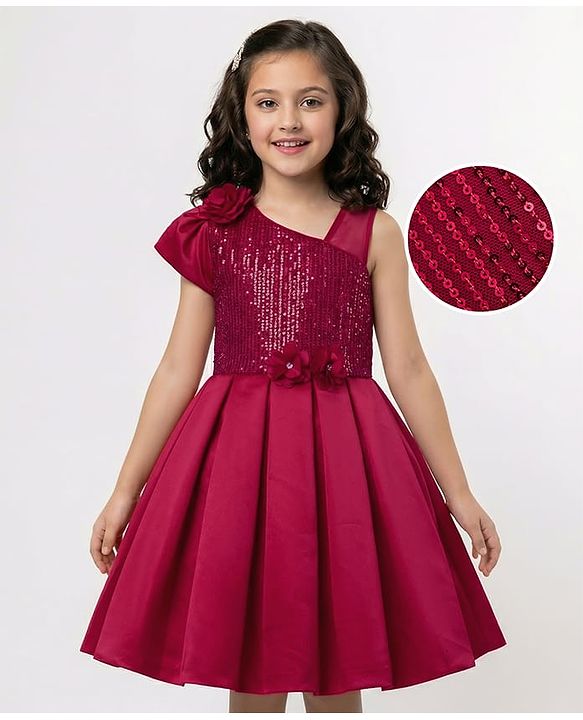 Pine Kids Woven Sleeveless Party Dress With Sequin Detailing & Floral Applique - Red