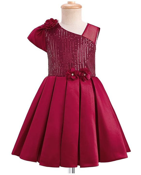 Pine Kids Woven Sleeveless Party Dress With Sequin Detailing & Floral Applique - Red