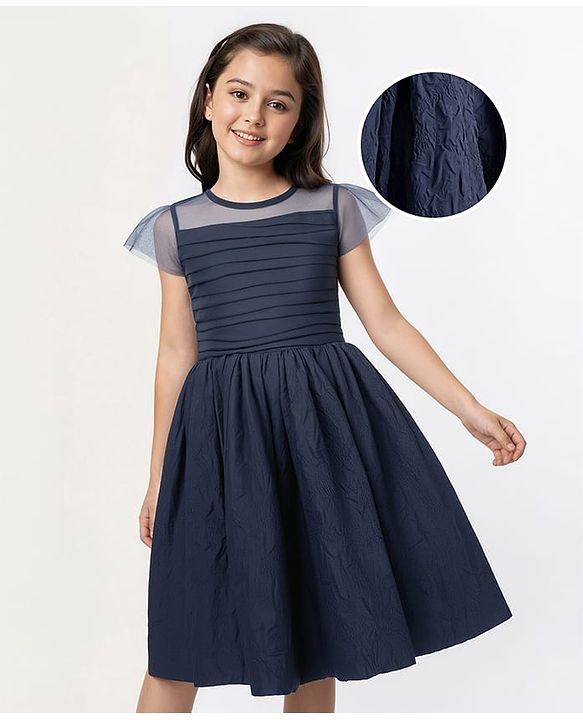 Pine Kids Woven Half Sleeves Solid Colour Frock  - Navy Blue