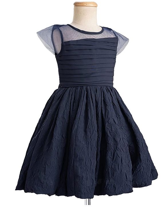 Pine Kids Woven Half Sleeves Solid Colour Frock  - Navy Blue