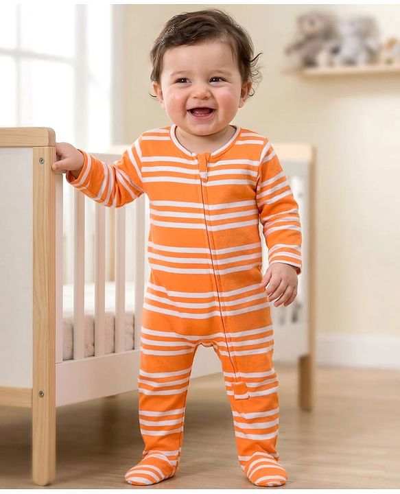 Babyhug Cotton Knit Full Sleeves Footed Sleep Suit with Stripes - Orange