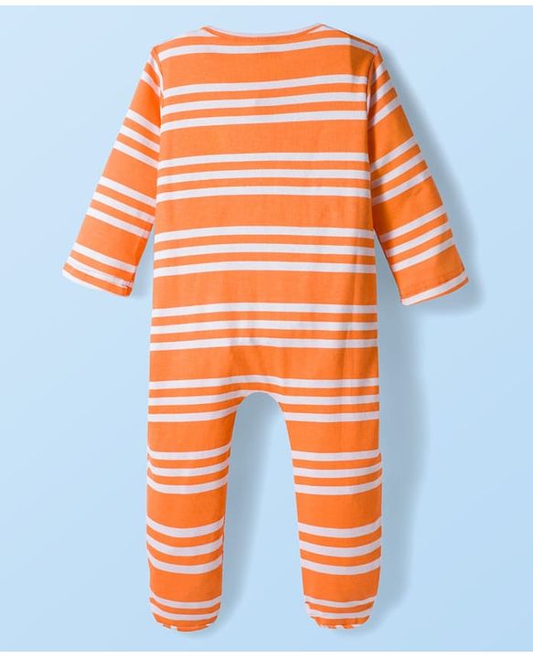 Babyhug Cotton Knit Full Sleeves Footed Sleep Suit with Stripes - Orange