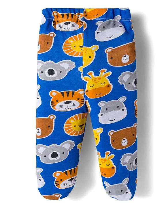 Babyhug Cotton Knit Striped & Animal Printed Bootie Leggings Pack of 3 - Yellow & Blue
