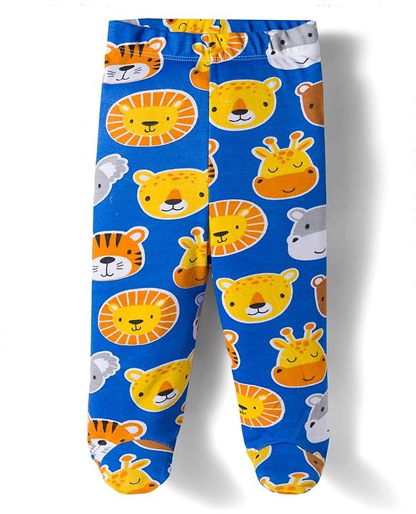 Babyhug Cotton Knit Striped & Animal Printed Bootie Leggings Pack of 3 - Yellow & Blue