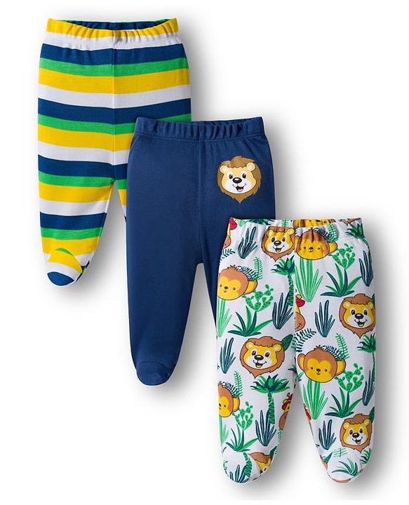 Babyhug Cotton Knit Bootie Leggings with Stripes & Animal Print Pack of 3 - Navy Blue & Yellow