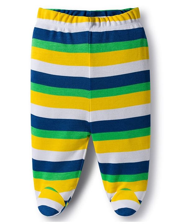 Babyhug Cotton Knit Bootie Leggings with Stripes & Animal Print Pack of 3 - Navy Blue & Yellow