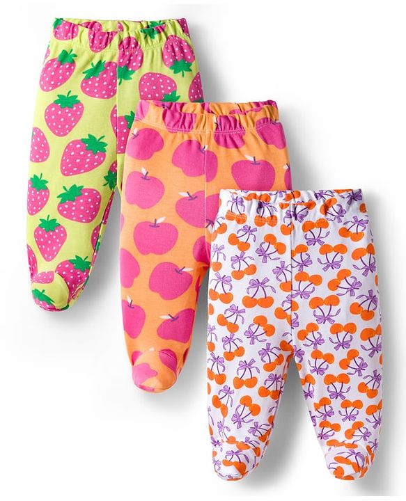 Babyhug Cotton Knit Footed Bootie Leggings with Fruits Print Pack of 3 - Light Green White & Orange