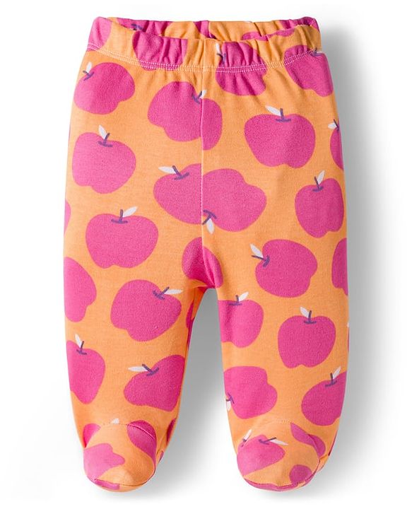Babyhug Cotton Knit Footed Bootie Leggings with Fruits Print Pack of 3 - Light Green White & Orange