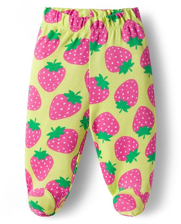 Babyhug Cotton Knit Footed Bootie Leggings with Fruits Print Pack of 3 - Light Green White & Orange