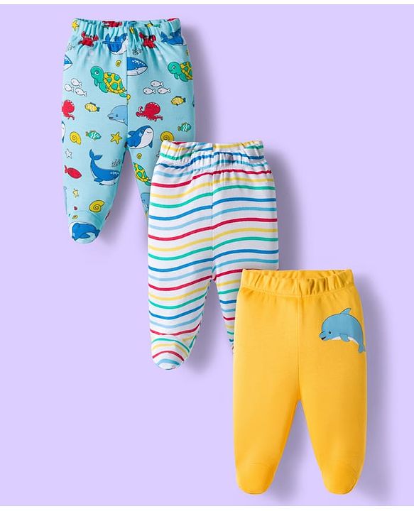Babyhug Cotton Knit Striped & Sea Animals Printed Bootie Leggings Pack of 3 - Yellow Light Blue & White