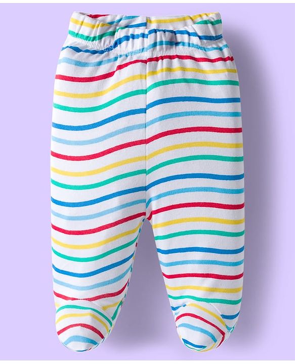 Babyhug Cotton Knit Striped & Sea Animals Printed Bootie Leggings Pack of 3 - Yellow Light Blue & White