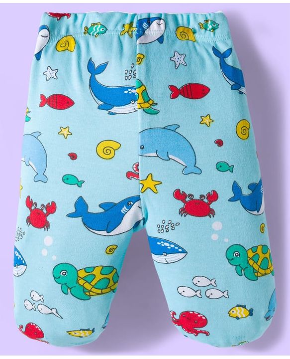 Babyhug Cotton Knit Striped & Sea Animals Printed Bootie Leggings Pack of 3 - Yellow Light Blue & White
