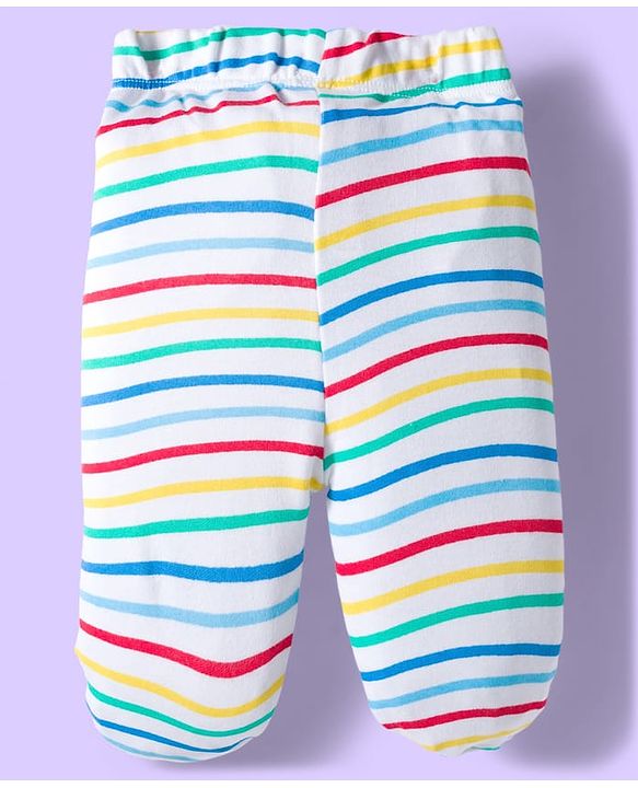 Babyhug Cotton Knit Striped & Sea Animals Printed Bootie Leggings Pack of 3 - Yellow Light Blue & White