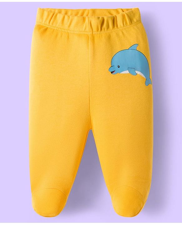 Babyhug Cotton Knit Striped & Sea Animals Printed Bootie Leggings Pack of 3 - Yellow Light Blue & White