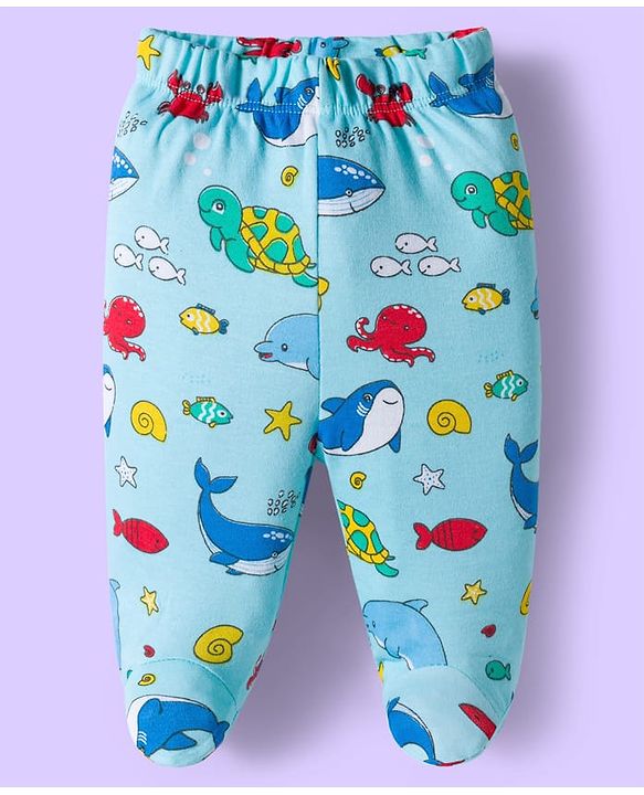 Babyhug Cotton Knit Striped & Sea Animals Printed Bootie Leggings Pack of 3 - Yellow Light Blue & White