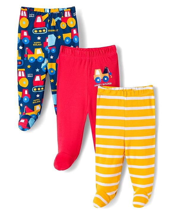 Babyhug Cotton Knit Footed Bootie Leggings with Construction Vehicle Print & Stripes Pack of 3 - Red Yellow & Navy Blue