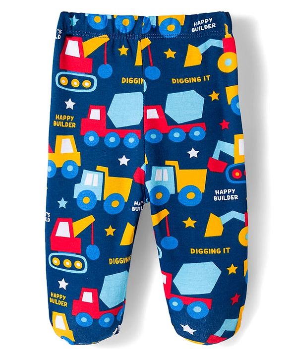 Babyhug Cotton Knit Footed Bootie Leggings with Construction Vehicle Print & Stripes Pack of 3 - Red Yellow & Navy Blue