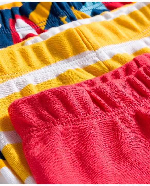 Babyhug Cotton Knit Footed Bootie Leggings with Construction Vehicle Print & Stripes Pack of 3 - Red Yellow & Navy Blue