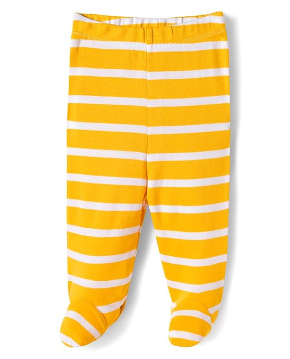 Babyhug Cotton Knit Footed Bootie Leggings with Construction Vehicle Print & Stripes Pack of 3 - Red Yellow & Navy Blue