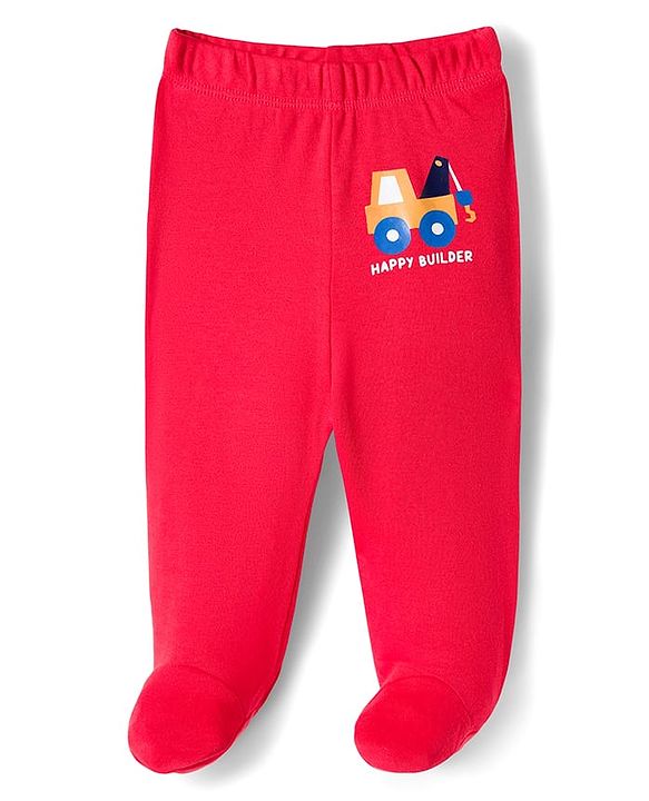 Babyhug Cotton Knit Footed Bootie Leggings with Construction Vehicle Print & Stripes Pack of 3 - Red Yellow & Navy Blue