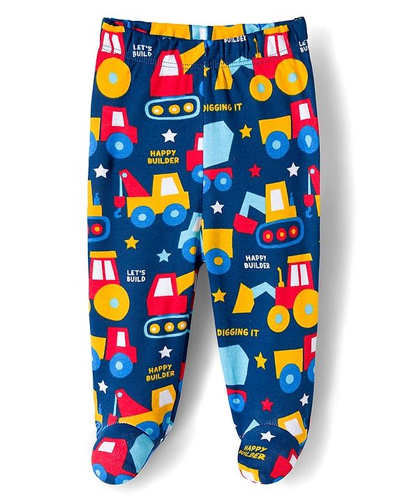 Babyhug Cotton Knit Footed Bootie Leggings with Construction Vehicle Print & Stripes Pack of 3 - Red Yellow & Navy Blue