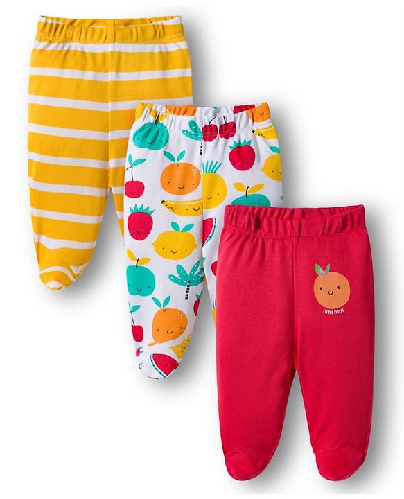 Babyhug Cotton Knit Bootie Leggings with Stripes & Fruits Print Pack of 3 - Red White & Yellow