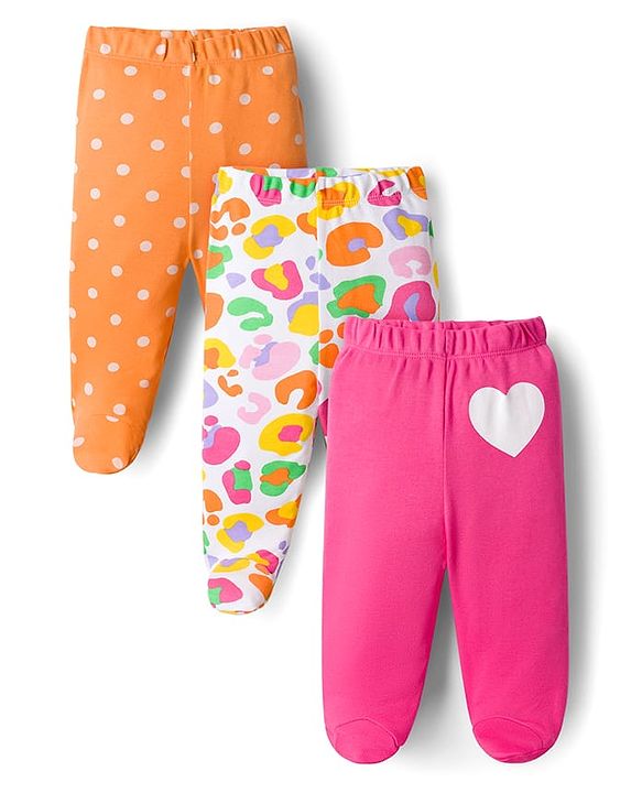 Babyhug Cotton Knit Footed Bootie Leggings with Heart & Polka Dot Print Pack of 3 - Orange Dark Pink & White