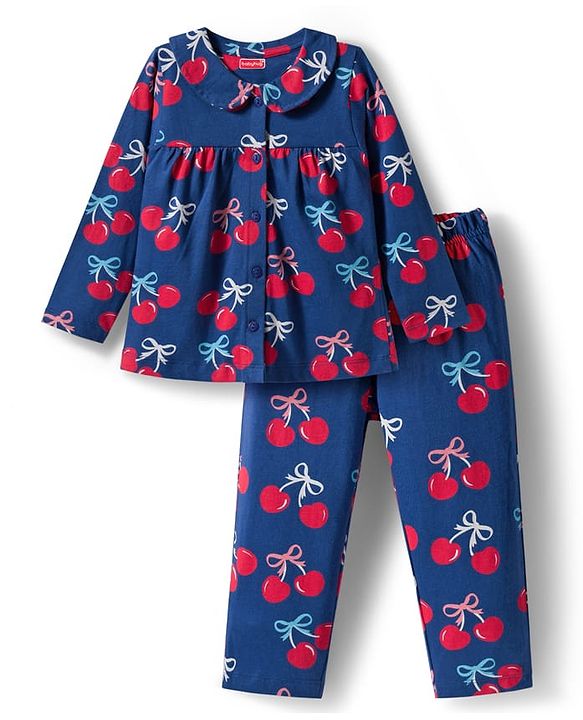 Babyhug Cotton Knit Full Sleeves Front Open Co-ord Night Suit With Cherry Print - Navy Blue