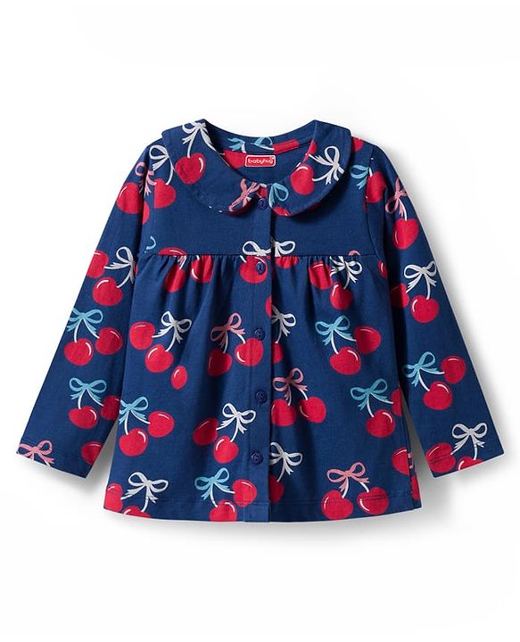 Babyhug Cotton Knit Full Sleeves Front Open Co-ord Night Suit With Cherry Print - Navy Blue