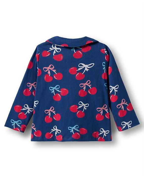 Babyhug Cotton Knit Full Sleeves Front Open Co-ord Night Suit With Cherry Print - Navy Blue
