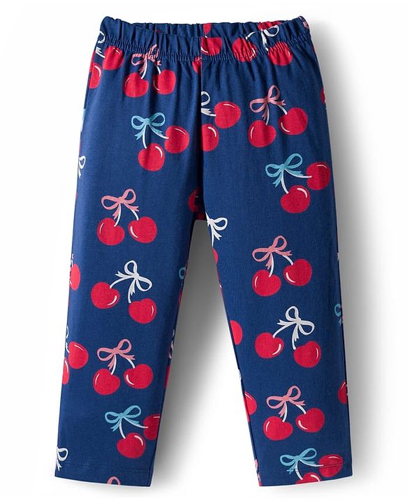 Babyhug Cotton Knit Full Sleeves Front Open Co-ord Night Suit With Cherry Print - Navy Blue