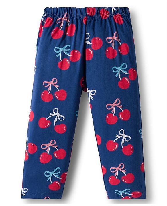 Babyhug Cotton Knit Full Sleeves Front Open Co-ord Night Suit With Cherry Print - Navy Blue