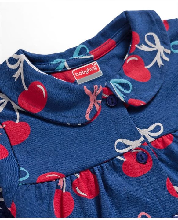Babyhug Cotton Knit Full Sleeves Front Open Co-ord Night Suit With Cherry Print - Navy Blue