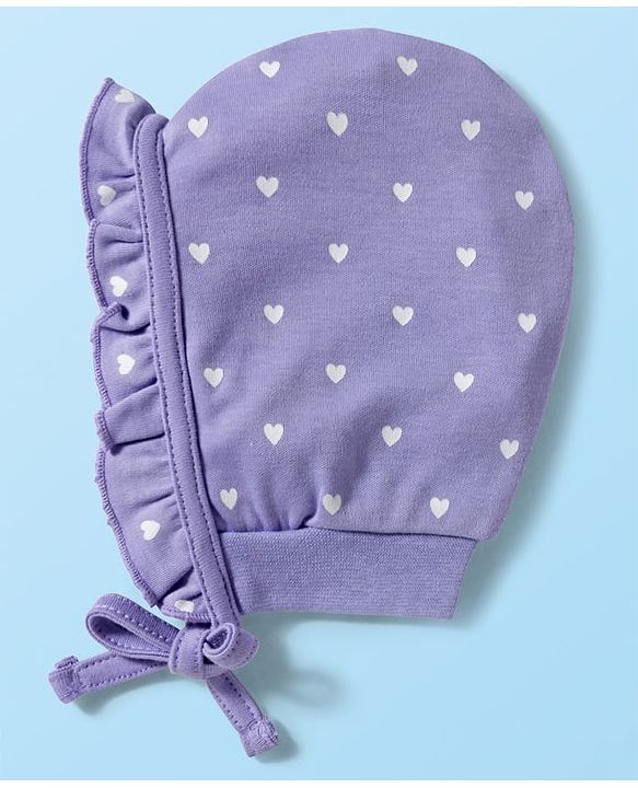 Babyhug 100% Cotton Knit Polka Dot & Heart Printed Bonnet Cap Pack of 2 Lilac & White - Diameter 16 cm