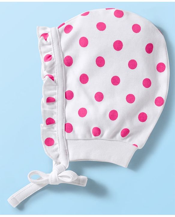 Babyhug 100% Cotton Knit Polka Dot & Heart Printed Bonnet Cap Pack of 2 Lilac & White - Diameter 16 cm