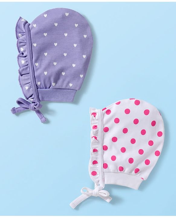 Babyhug 100% Cotton Knit Polka Dot & Heart Printed Bonnet Cap Pack of 2 Lilac & White - Diameter 16 cm