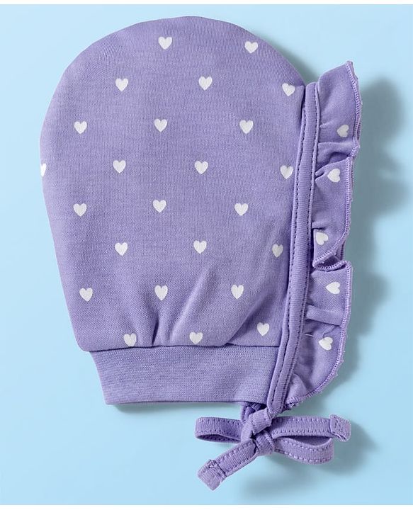 Babyhug 100% Cotton Knit Polka Dot & Heart Printed Bonnet Cap Pack of 2 Lilac & White - Diameter 16 cm