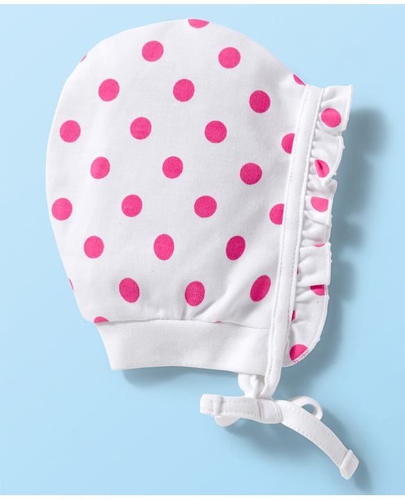 Babyhug 100% Cotton Knit Polka Dot & Heart Printed Bonnet Cap Pack of 2 Lilac & White - Diameter 16 cm