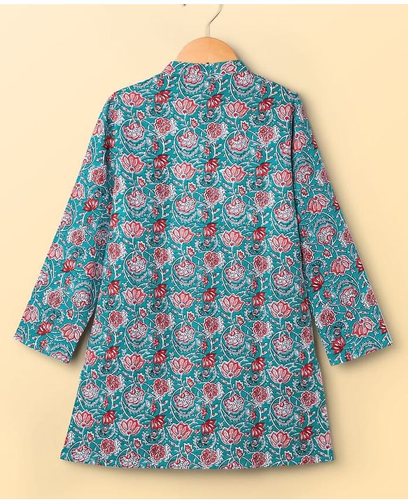 Pine Kids Cotton Woven Full Sleeves Kurta Pajama Set with Floral Print - Light Blue