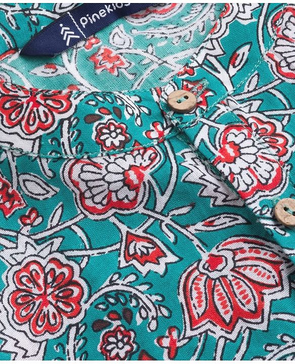Pine Kids Cotton Woven Full Sleeves Kurta Pajama Set with Floral Print - Light Blue