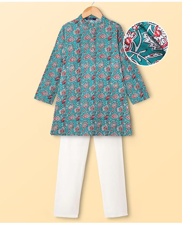 Pine Kids Cotton Woven Full Sleeves Kurta Pajama Set with Floral Print - Light Blue