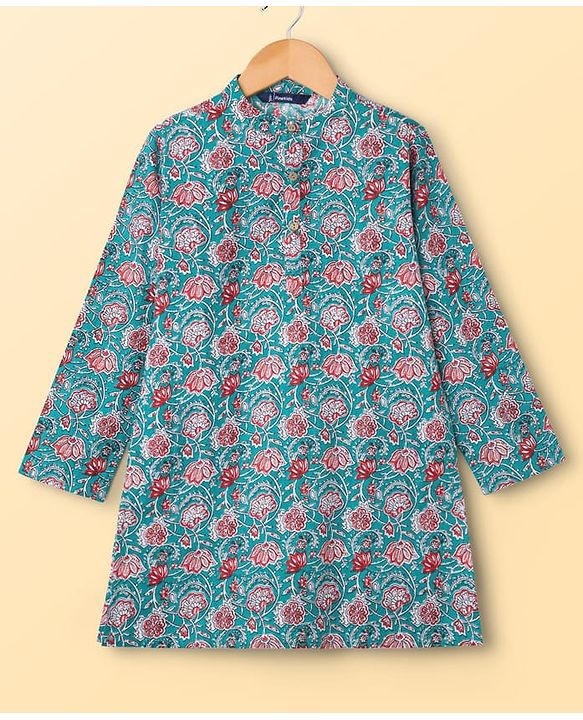 Pine Kids Cotton Woven Full Sleeves Kurta Pajama Set with Floral Print - Light Blue