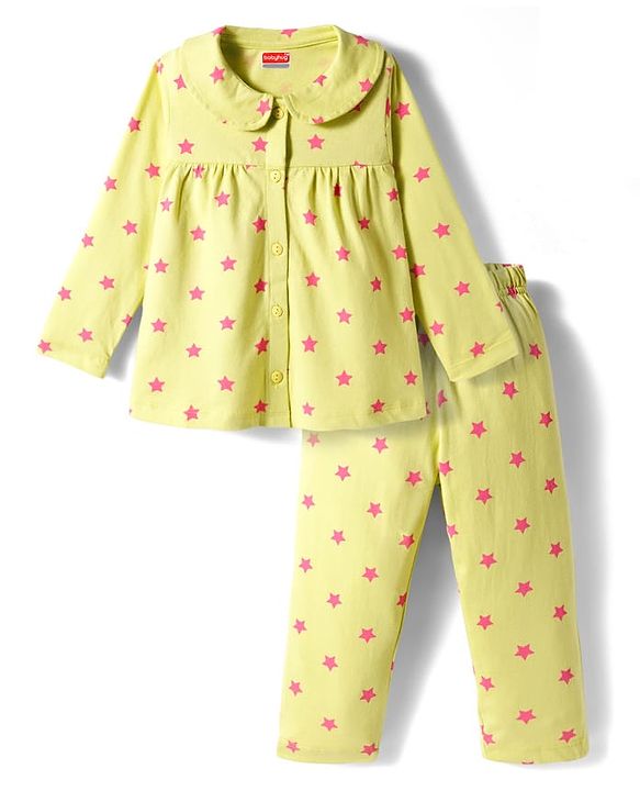 Babyhug Cotton Knit Full Sleeves Front Open Co-ord Night Suit With Star Print - Light Green