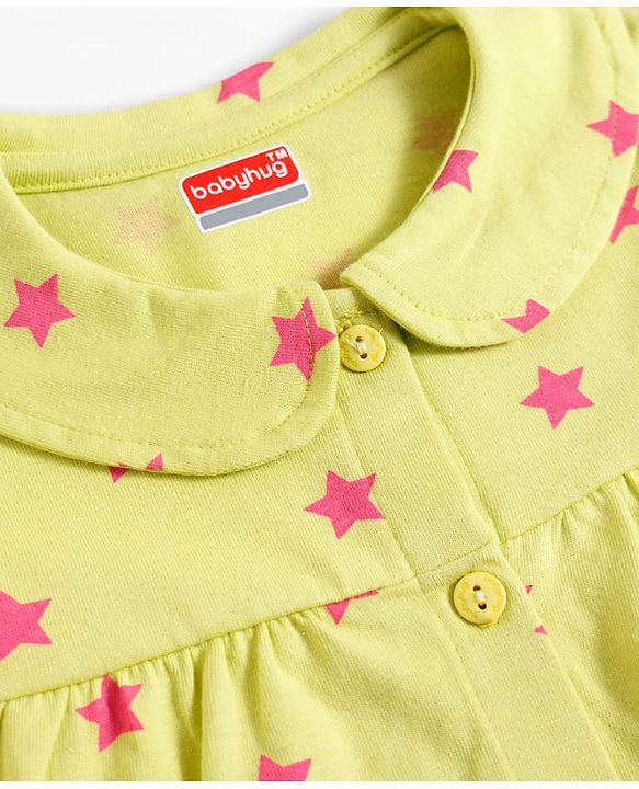 Babyhug Cotton Knit Full Sleeves Front Open Co-ord Night Suit With Star Print - Light Green