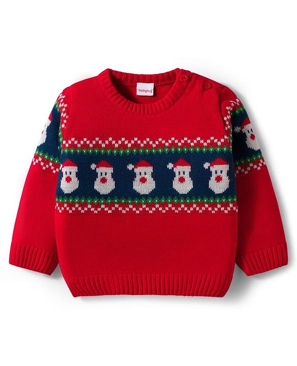 Babyhug Knitted Full Sleeves Sweater Set With Santa Claus Design - Red